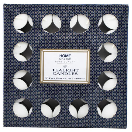 Pack of 50 unscented tealight candles with a decorative box.