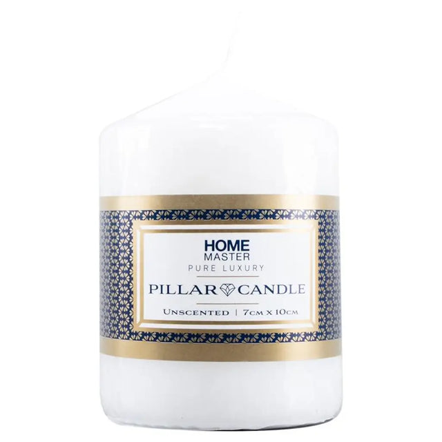 White pillar candle with a decorative label on a white background