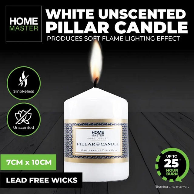 White unscented pillar candle with flame on a dark surface, featuring Home Master branding.