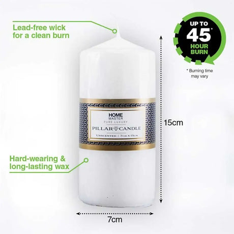 White pillar candle with label and measurements on a white background