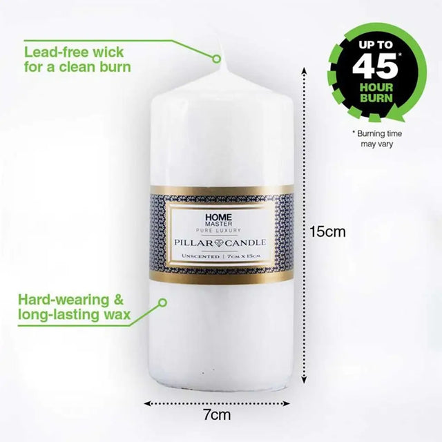 White pillar candle with label and measurements on a white background