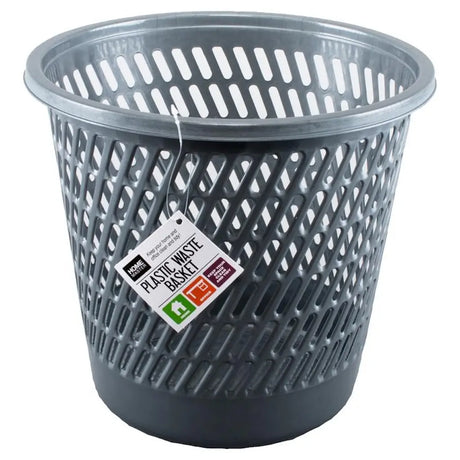 Gray plastic waste basket with a tag on a white background