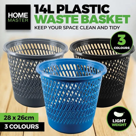 Three plastic waste baskets in blue, black, and gray on a wooden surface with Home Master branding.