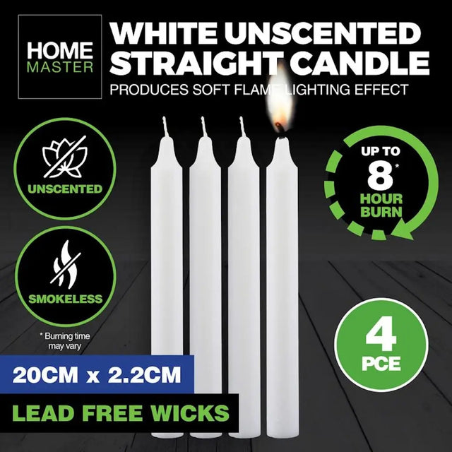 White unscented straight candles with product details on a dark background