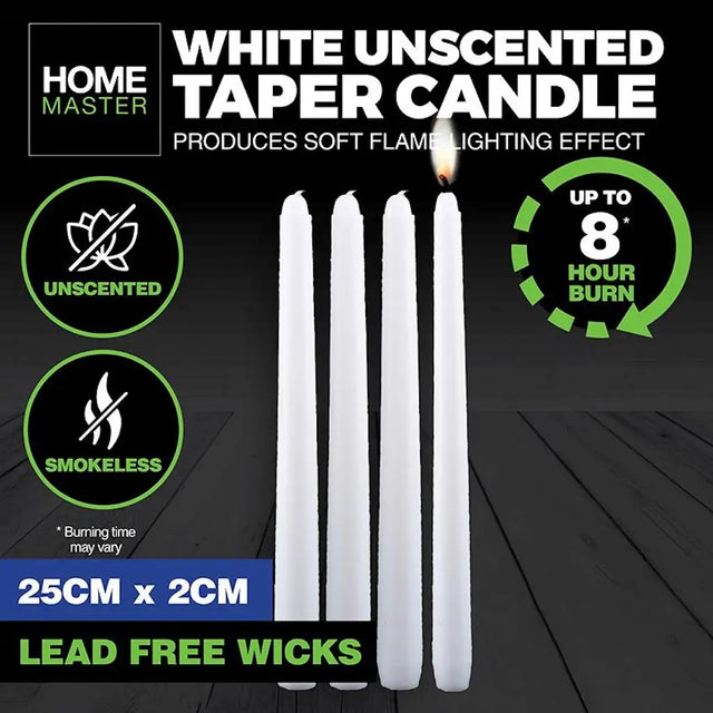 White unscented taper candles with product details on a dark background