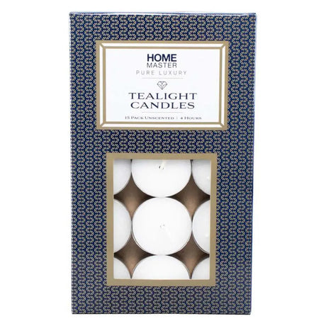 Pack of tealight candles in a decorative box with 'Home Master' branding.