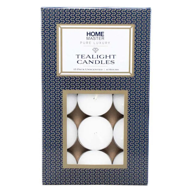 Pack of tealight candles in a decorative box with 'Home Master' branding.