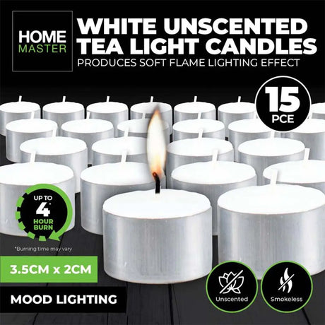 White unscented tea light candles with Home Master branding on a black background