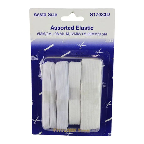 Packaged assorted elastic with sizes on a white background