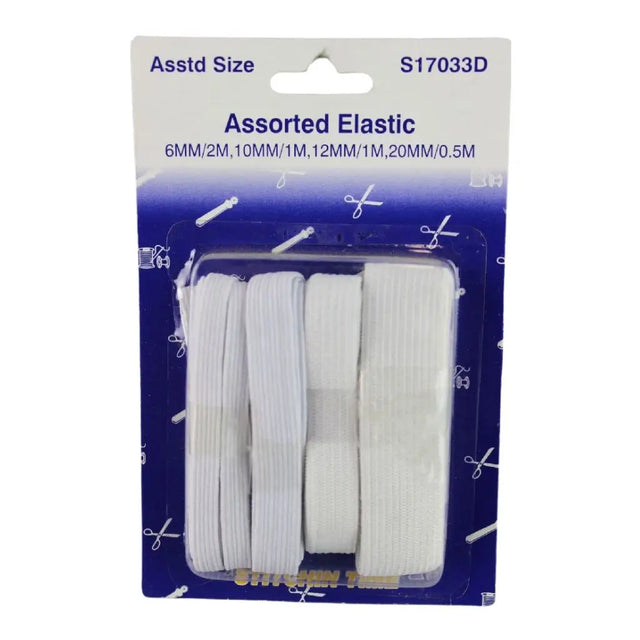 Packaged assorted elastic with sizes on a white background