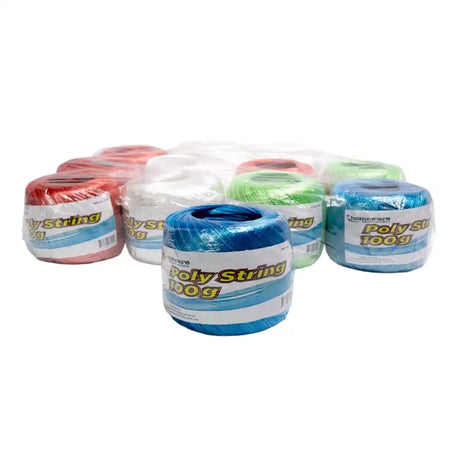 Assorted spools of Poly String on a white background