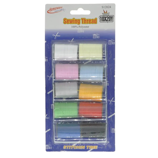 Packaged sewing thread set with colorful spools on a white background