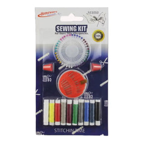 Packaged sewing kit with various sewing supplies on a white background
