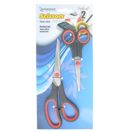 Pack of 2 scissors with black handles and red accents on a blue and white background