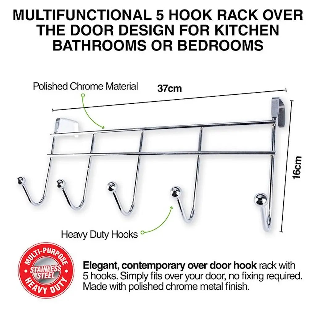 Multifunctional 5 hook rack with dimensions and material details on a white background