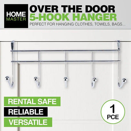 Over-the-door 5-hook hanger with Home Master branding on a white background