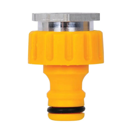 Yellow hose fitting with metallic top on a white background