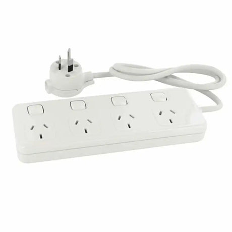 White power strip with multiple outlets and a plug on a white background