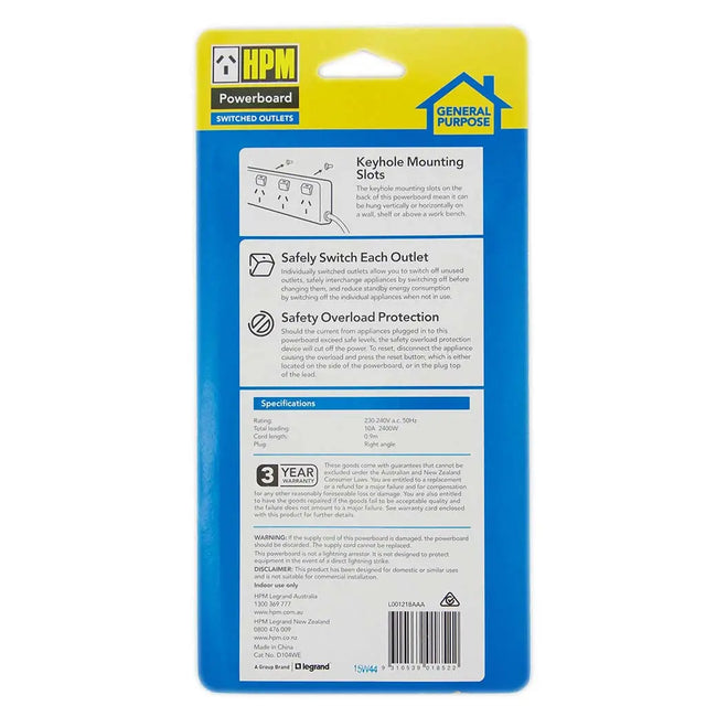 HPM powerboard packaging with blue and yellow design on a white background