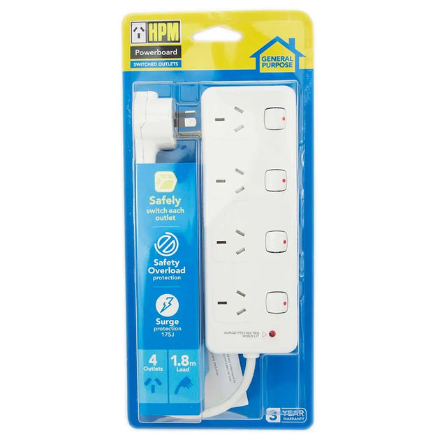 HPM power strip with packaging on a white background