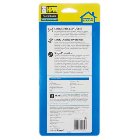 Back of a powerboard packaging with HPM branding and product details.