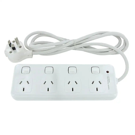 White power strip with multiple outlets and a coiled cable on a white background