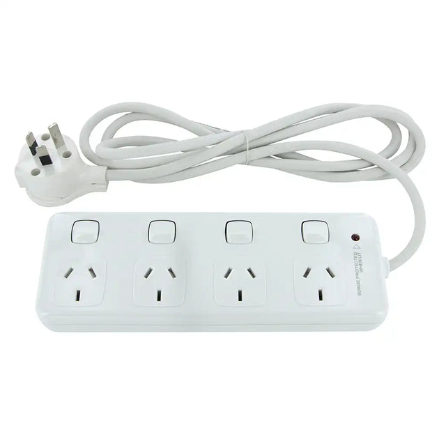 White power strip with multiple outlets and a coiled cable on a white background