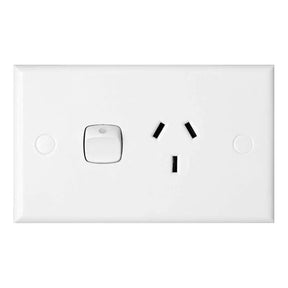 White electrical socket with black markings on a white background