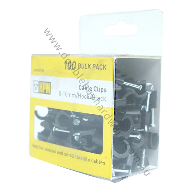 Packaged cable clips with yellow label on a white background