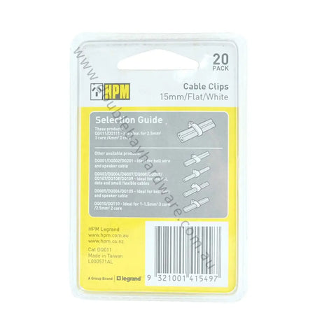 Packaging of HPM cable clips with selection guide on a white background