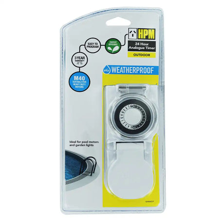 HPM 24-hour analogue timer packaging on a white background