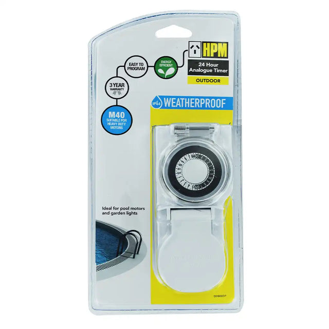 HPM 24-hour analogue timer packaging on a white background