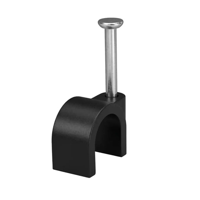 Black metal clip with a silver cylindrical component on a white background