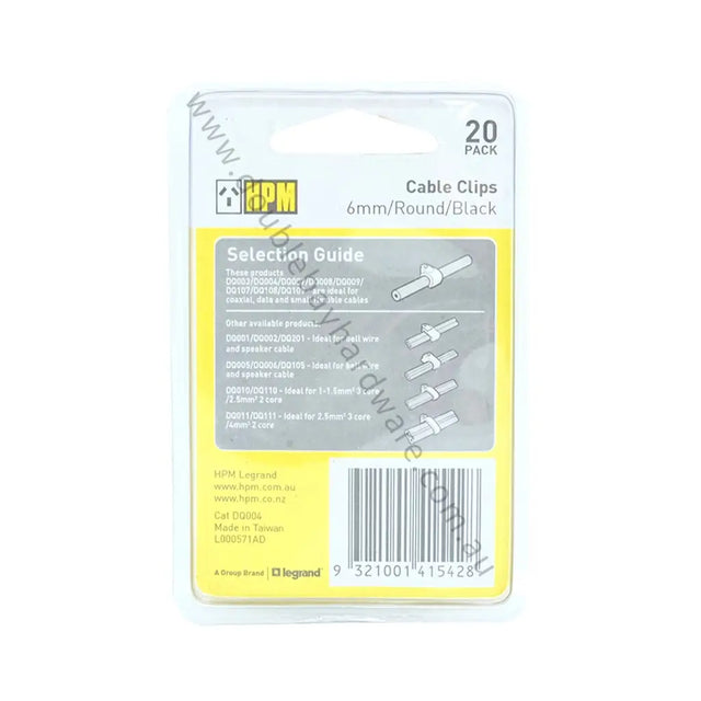 Pack of HPM cable clips with a selection guide on a white background