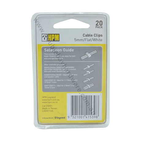 Pack of HPM cable clips with a selection guide on a white background