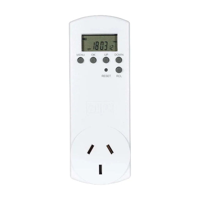 White electronic timer with digital display on a white background