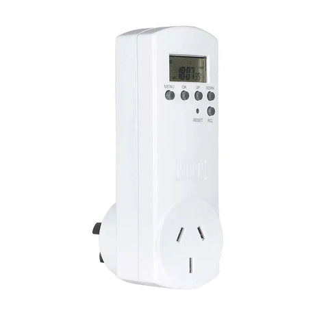 White electronic timer with digital display on a white background