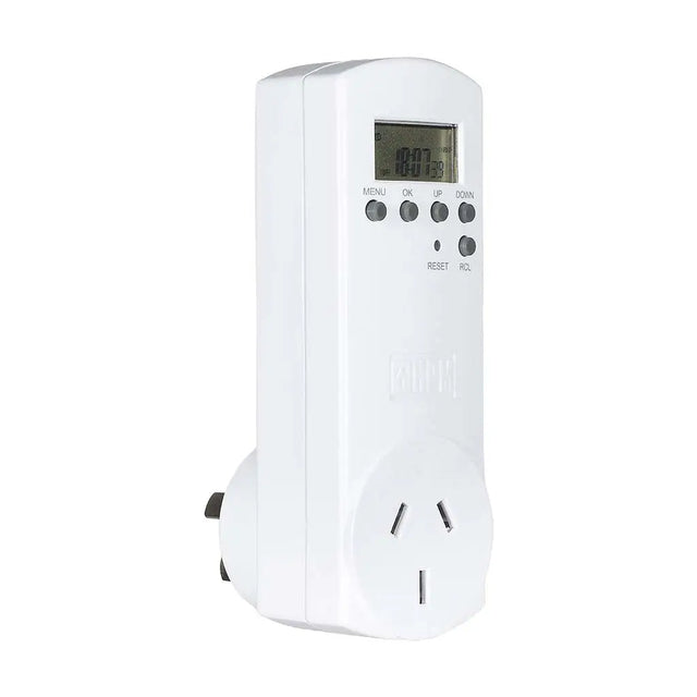White electronic timer with digital display on a white background
