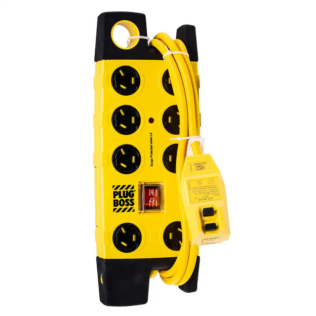 Yellow power extension cord with multiple outlets on a white background