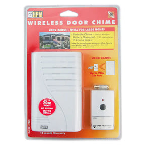 HPM wireless door chime packaging on a white background