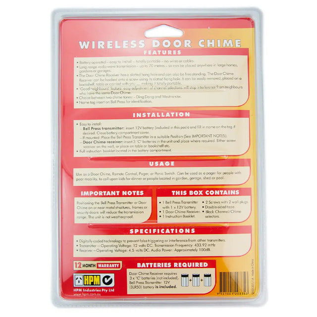 Back of a wireless door chime packaging with text and features.