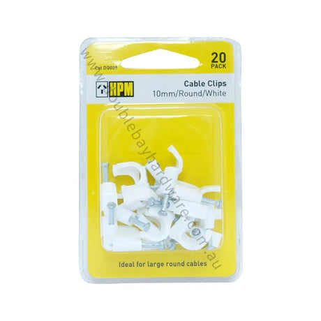 Pack of 20 white cable clips with HPM branding on a yellow background