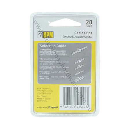 Packaging of HPM cable clips with a selection guide on a white background