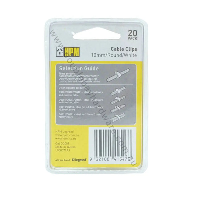 Packaging of HPM cable clips with a selection guide on a white background
