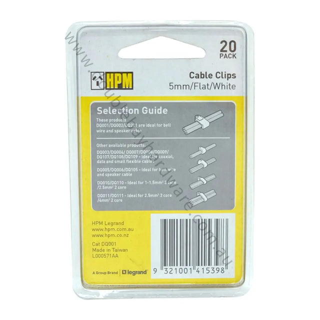 Packaging of HPM cable clips with a selection guide on a white background