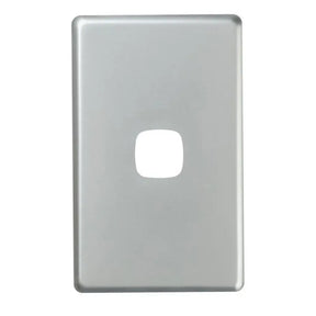 Metallic silver wall plate with a single square hole on a white background