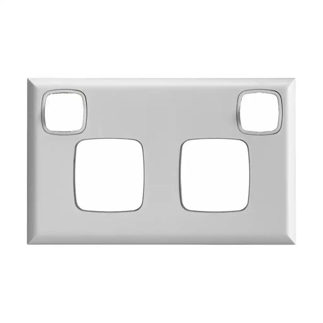 Metallic light switch plate with four square openings on a white background