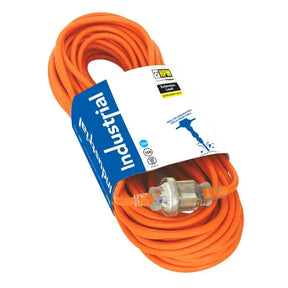 Orange extension cord with blue label on a white background