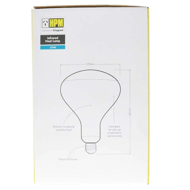 Box packaging of an HPM infrared halogen lamp with bulb illustration and specifications.