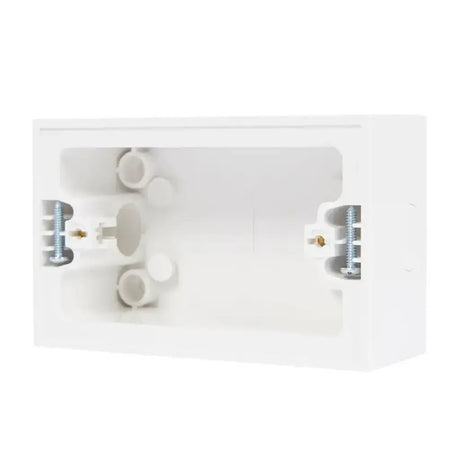 White plastic component with cylindrical holes and metal screws on a white background